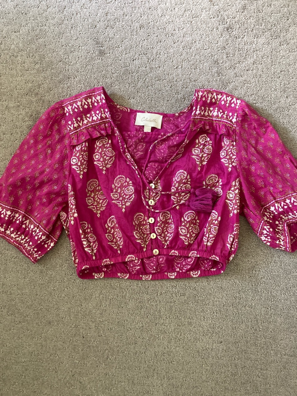Cleobella pink Lilo puff-sleeve crop top, Small.